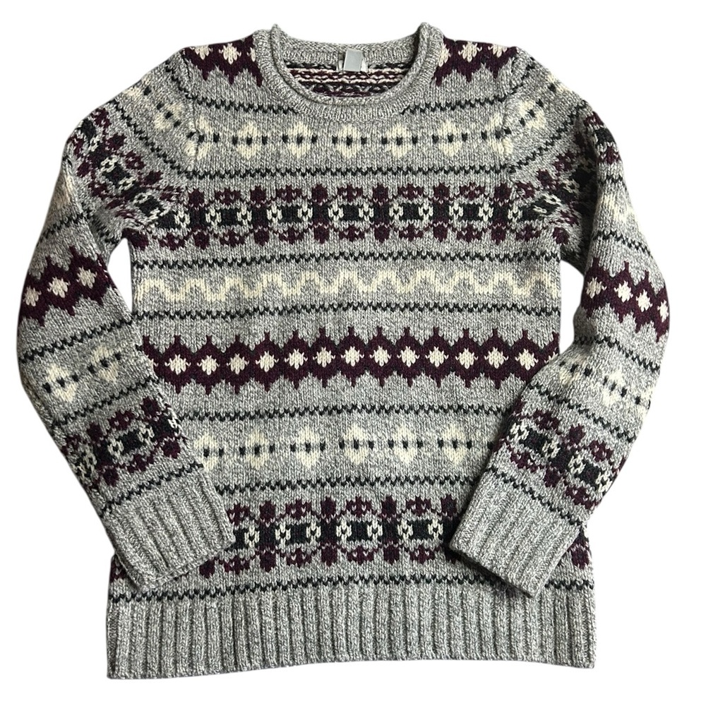 L.L. Bean‎ Women’s Fair Isle Wool Blend Sweater Gray Burgundy Cream XS